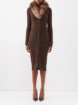 Saint Laurent - Faux-fur And Wool Knitted Cardigan Dress - Womens - Brown Multi