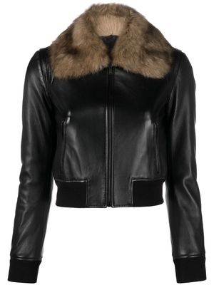 Saint Laurent faux-fur collar cropped leather jacket - Black