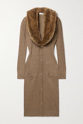 SAINT LAURENT - Faux Fur-trimmed Metallic Cable-knit Midi Dress - Brown