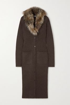 SAINT LAURENT - Faux Fur-trimmed Ribbed Wool Midi Dress - Brown