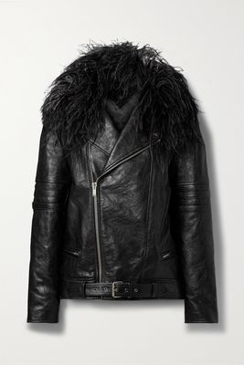 SAINT LAURENT - Feather-trimmed Crinkled-leather Biker Jacket - Black