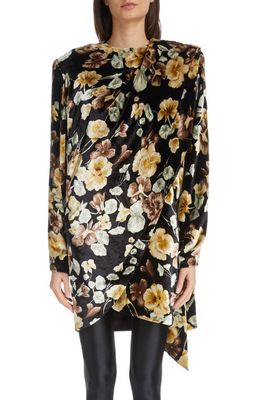 Saint Laurent Floral Drape Detail Long Sleeve Velvet Dress in Noir/Beige
