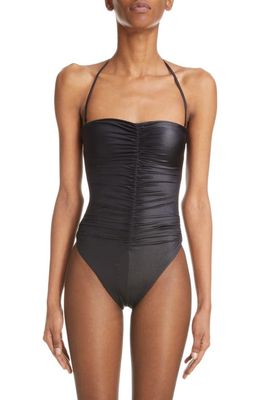 Saint Laurent Gathered Convertible Halter One-Piece Swimsuit in Noir