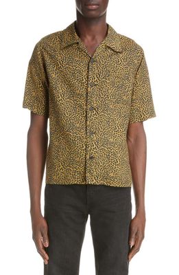 Saint Laurent Hawaii Animal Print Short Sleeve Button-Up Shirt in Black/Camel