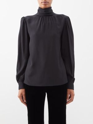 Saint Laurent - High-neck Draped Silk-crepe Blouse - Womens - Black