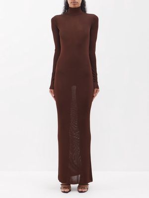 Saint Laurent - High-neck Fine-knit Maxi Dress - Womens - Brown