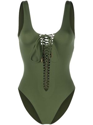 Saint Laurent lace-up square-neck swimsuit - Green