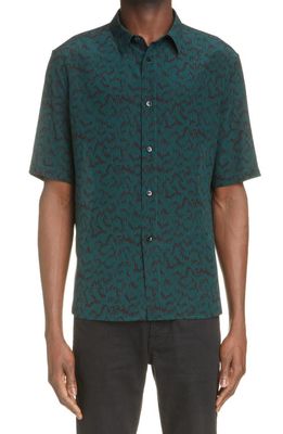 Saint Laurent Leopard Print Short Sleeve Silk Button-Up Shirt in Vert Noir