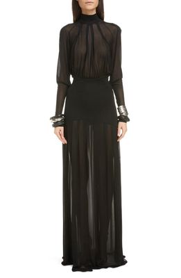 Saint Laurent Long Sleeve Mock Neck Voile & Jersey Gown in Black