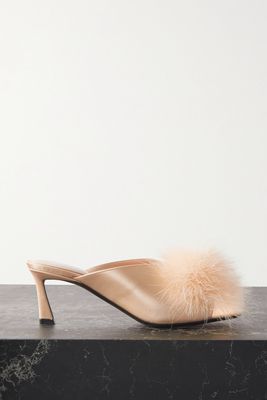 SAINT LAURENT - Mae Feather-trimmed Silk-satin Mules - Neutrals