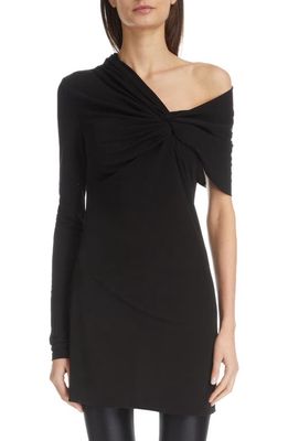 Saint Laurent One-Shoulder Knot Detail Jersey Minidress in Noir