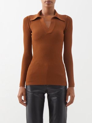 Saint Laurent - Open-collar Ribbed-crepe Polo Shirt - Womens - Brown