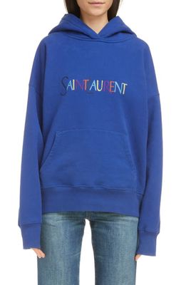 Saint Laurent Oversize Embroidered Cotton Hoodie in Blue/Multi