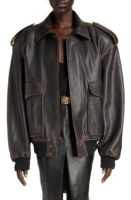 Saint Laurent Oversize Lambskin Leather Bomber Jacket in Reglisse/Auburn