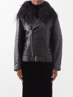 Saint Laurent - Oversized Feather-trim Leather Biker Jacket - Womens - Black