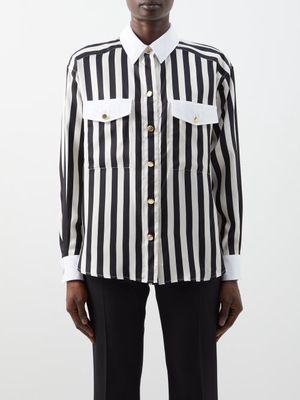 Saint Laurent - Patch-pocket Striped Silk-twill Shirt - Womens - Black White