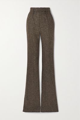 SAINT LAURENT - Pleated Herringbone Wool-tweed Flared Pants - Brown