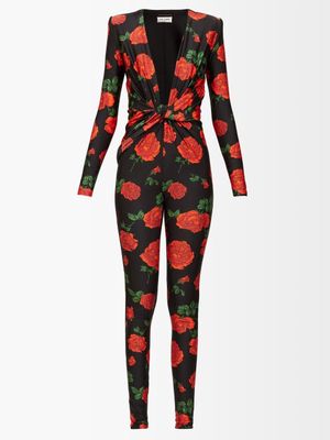 Saint Laurent - Plunge-front Floral-print Jersey Jumpsuit - Womens - Red