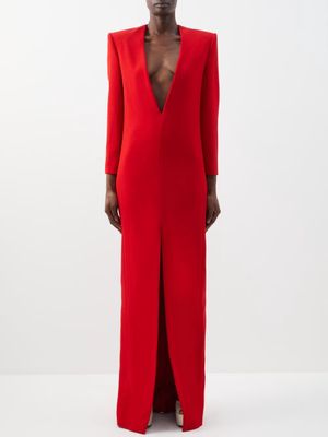 Saint Laurent - Plunge-neck Grain De Poudre Gown - Womens - Red