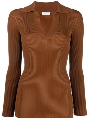 Saint Laurent ribbed-knit V-neck jumper - Brown