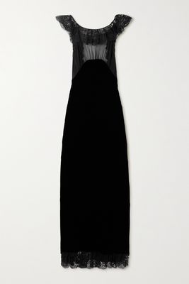 SAINT LAURENT - Ruffled Lace And Chiffon Trimmed Silk-satin Midi Dress - Black