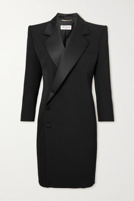 SAINT LAURENT - Satin-trimmed Grain De Poudre Wool Mini Dress - Black