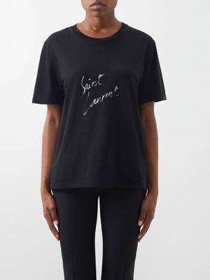 Saint Laurent - Script-logo Cotton-jersey T-shirt - Womens - Black White