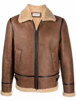 Saint Laurent shearling-collar leather jacket - Neutrals