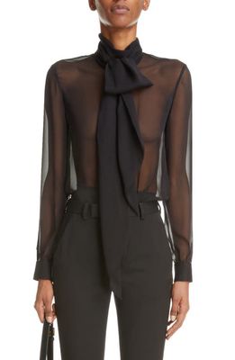 Saint Laurent Sheer Tie Neck Long Sleeve Silk Blouse in Noir
