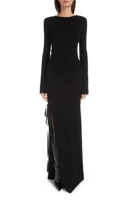 Saint Laurent Side Tie Long Sleeve Wool Column Gown in Noir