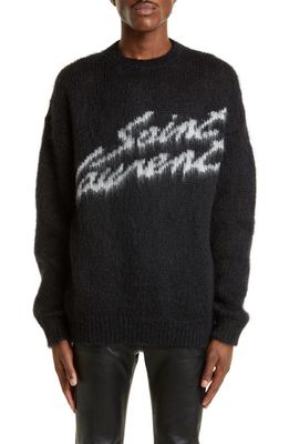 Saint Laurent Signature Mohair Blend Crewneck Sweater in Noir/Naturel