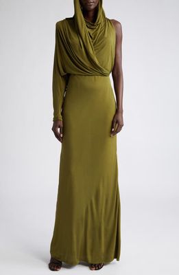 Saint Laurent Single Long Sleeve Crepe Jersey Maxi Dress in Vert Dore