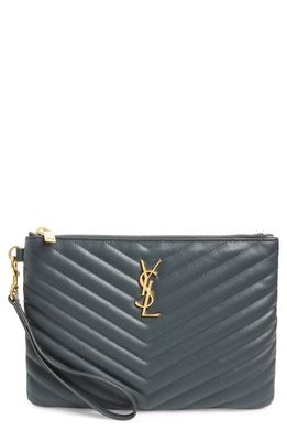 Saint Laurent 'Small Monogram' Print Leather Wristlet in Dark Smog