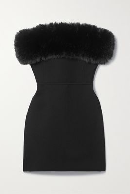 SAINT LAURENT - Strapless Faux Fur-trimmed Wool-blend Mini Dress - Black