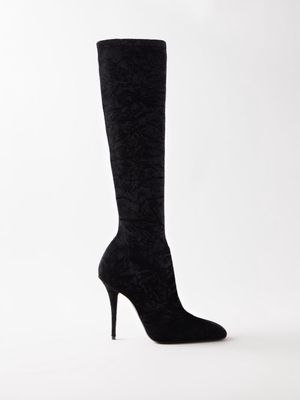 Saint Laurent - Talia 110 Crushed-velvet Knee-high Boots - Womens - Black
