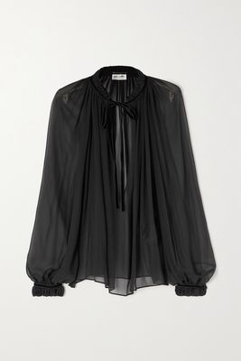 SAINT LAURENT - Tie-front Gathered Silk-chiffon Blouse - Black