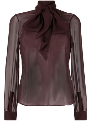 Saint Laurent tied-collar semi-sheer blouse - Brown