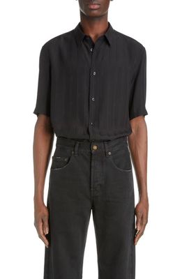 Saint Laurent Tonal Stripe Short Sleeve Silk Button-Up Shirt in Noir