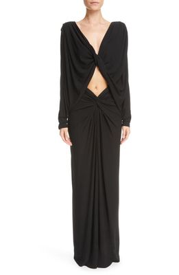 Saint Laurent Twist Front Cutout Long Sleeve Crepe Jersey Dress in Noir