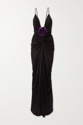 SAINT LAURENT - Velvet-trimmed Ruched Satin-jersey Maxi Dress - Black