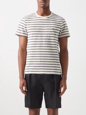 Saint Laurent - Ysl-embroidered Striped Cotton-slub T-shirt - Mens - White Black
