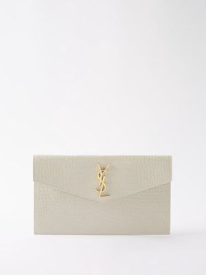 Saint Laurent - Ysl-logo Croc-effect Leather Clutch Bag - Womens - White