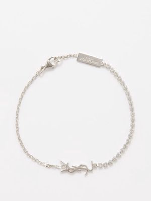 Saint Laurent - Ysl-plaque Crystal-embellished Bracelet - Womens - Silver
