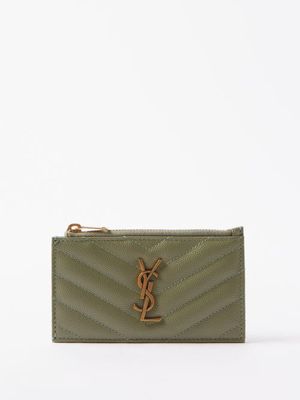 Saint Laurent - Ysl-plaque Zipped Quilted-leather Cardholder - Womens - Light Green