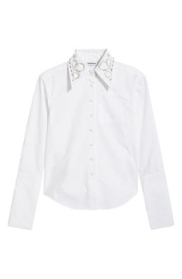 SAINT SINTRA Swarvoski Crystal Embellished Crop Button-Up Shirt in 100 White
