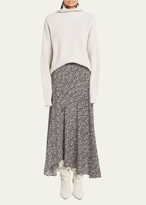 Sakura Asymetrical-Hem Printed Midi Skirt
