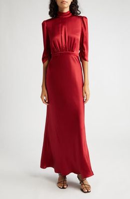 SALONI Adele Mock Neck Silk Dress in Garnet Red