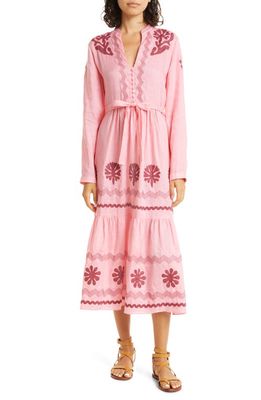SALONI Alexia Long Sleeve Cotton Tiered Dress in Geranium Pink/Emb