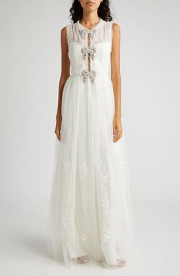 SALONI Camilla Embellished Embroidered Gown in Ivory/Bows/Satin