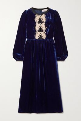 Saloni - Camille Bows Appliquéd Velvet Midi Dress - Blue